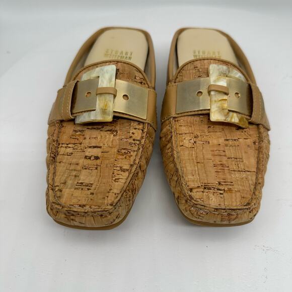 Vintage Stuart Weitzman Square Toe Cork Mules With Gold/Acrylic Buckle Size 4 - Picture 9 of 16